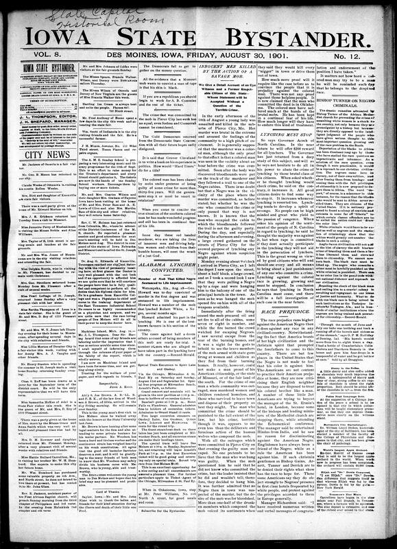Contents include but are not limited to Alabama man sentenced to life for participating in a lynching, mob in Pierce City lynches man for murder, North Carolina Governor Acock offers reward for lynchers (to stop them), Bishop Turner's proposal to exile Black criminals is criticized, American prejudice against Black people extends to England, astronomers are using photos of asteroid Eros to measure sun's distance, and other topics.