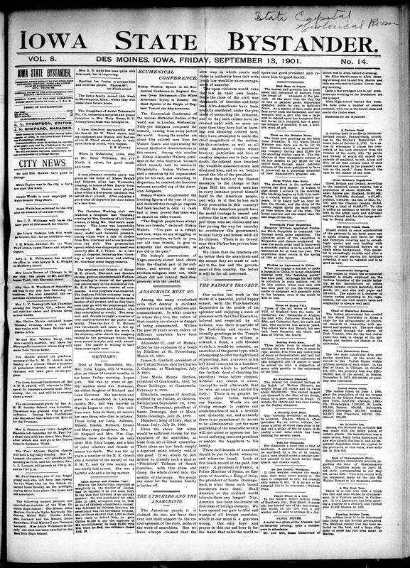 Contents include but are not limited to Bishop Walters' speech on lynching in England received with mixed reactions, advocation for expelling anarchists, nihilists, and communists from civilized countries, anarchist assassinates President McKinley at the Pan-American Exposition, prominent elderly physician is murdered in a robbery, other crime news, Admiral Howison disqualified from Schley court due to bias, G.A.R. national encampment parade in Cleveland, and other topics.