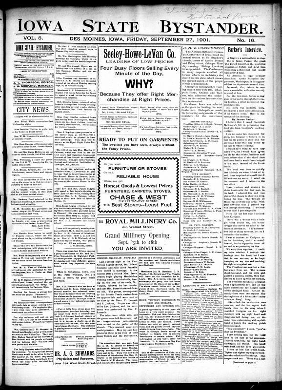 Contents include but are not limited to AME church conference, Booker T. Washington condemns lynching as a form of anarchy, James Parker, a Black man, is lauded as a hero for trying to stop McKinley's assassin, President McKinley’s assassin breaks down, under trial, Naval Court of inquiry reveals suppressed orders and altered documents, natives near Alaska facing starvation, and other topics.