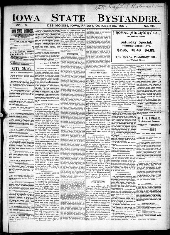 Contents include but are not limited to President Roosevelt invites Booker T. Washington to dinner at White House which sparks some controversy, Bystander urges Black voters to vote against J.S. Hockersmith, community news (Albia, Mt. Pleasant, etc.), robbery in Iowa county, continued Naval Court of Inquiry, Yale confers honorary Doctor of Laws degree on President Roosevelt, Venezuela sends arms to Colombian rebels, Kruger opposes a plan to shoot British officers as reprisal, and other topics.