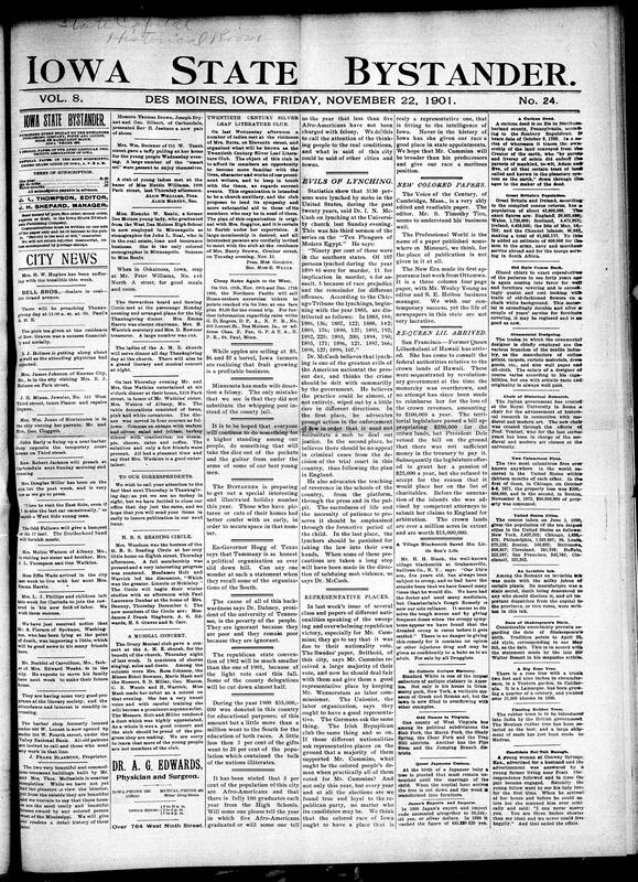 Contents include but are not limited to lynching statistics for the past 20 years, concert at AME Church, Former Queen Liliuokalani arrives to claim lost Hawaiian crown lands, editorial argues Black voters deserve a representative place in state appointments, Seven life prisoners in Iowa petition the legislature for pardons, fire at the Smuggler-Union Mine in Telluride, Colorado, traps many miners in the Bullion tunnel, German public opinion is turning against Great Britain, Iowa Governor Cummins to speak in New York, deadly riots in Athens over proposed translation of the Gospels, and other topics.