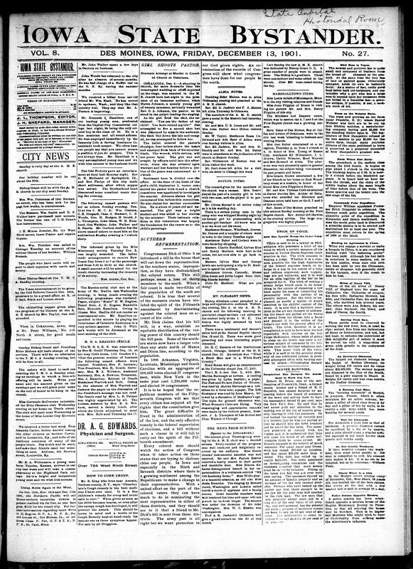 Contents include but are not limited to young girl shoots pastor in Iowa church and accuses him of fathering her child, community news (Saylor, Marshalltown, etc.), Congressman introduces bill to reduce Southern representation over Black disfranchisement, Philippines War tariffs, Senator Morgan introduces a bill for constructing a Nicaraguan Canal, British announce capture of a Boer command, $30,000,000 Stanford University gift, pianos for Christmas, and other topics.