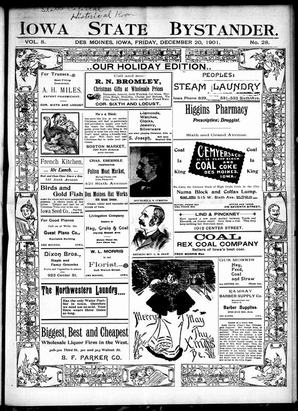 Contents include but are not limited to various front-page Christmas advertisements (kitchen, instruments, coal, etc.), community news (Clinton, Rock Island, etc.), London predictions on 1920 fashion trends, Salvation Army issues bonds to fund Western colonization project, New York public school showers, new Florida railroad route from Chicago, high quality Burlington route map (1901), and other topics.