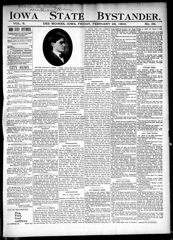Contents include but are not limited to Bystander criticizes Congressman Hull for neglecting Black voters, various descriptions for candidates in the upcoming local elections, community news (Muscatine, Ottumwa, etc.), Governor Cummins seeks $7,000 to destroy smallpox-infected Indian property, Iowa House committee recommends indefinite postponement of suffrage resolution, Iowa Senate passes bill to establish a new reformatory for convicts, Senators Tillman and McLaurin engage in a fist fight, and other topics.