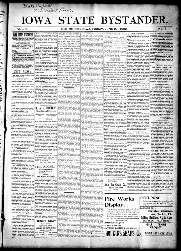Contents include but are not limited to Afro-American Press and Council meetings to be held in Minnesota, news editors’ observations, community news (Rock Island, Burlington, etc.), German author writes about U.S. corruption and immorality (In Darkest United States), natural gas discovered in Ankeny, railroad launches legal fight to lower taxes, House passes Philippine civil government bill, King Edward VII undergoes surgery postponing his coronation indefinitely, and other topics.