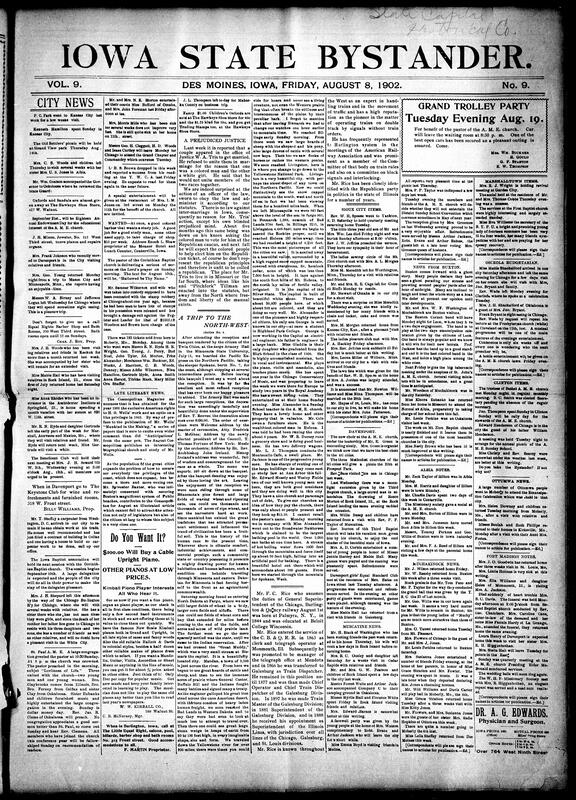 Contents include but are not limited to interracial couple denied marriage license, low piano price advertisement, community news (Muchakinock, Ottumwa, etc.), brutal murder in Des Moines, president of Iowa State University William M. Beardshear passes away, head-on train collision near Rhodes, Iowa, wounded outlaw Harry Tracy commits suicide to evade capture, Iowa State Fair promises record-breaking livestock exhibit and entertainment, Iowa experiment shows adding protein to corn improves hog profits, and other topics.