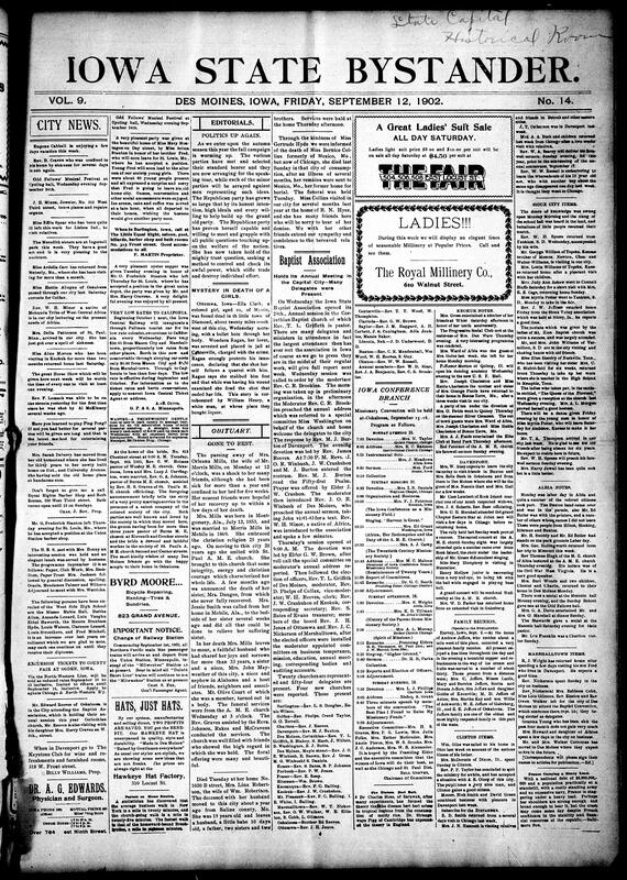Contents include but are not limited to obituaries, Iowa Baptist Association 24th annual session, community news (Keokuk, Albia, etc.), ISU student is shot in an orchard by an alleged hobo, former Governor Horace Boies is nominated for Congress, fire in Ackley, Iowa destroys multiple businesses, lack of evidence leads to the release of murder suspect, fire ignited by a train spreads across the Beaumont oilfield, and other topics.