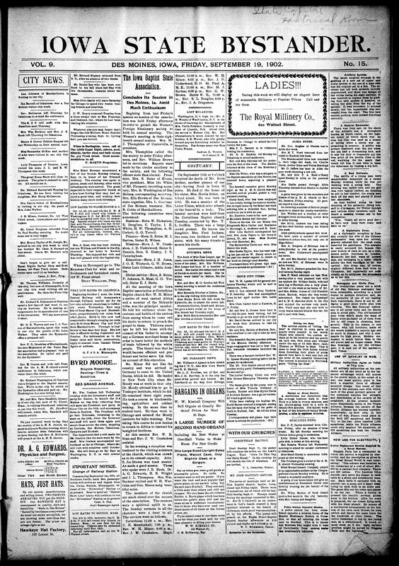Contents include but are not limited to Iowa Baptist State Association session concludes, obituaries, community news (Sioux City, Muscatine, etc.), Iowa powerless to stop Rock Island railroad reorganization scheme, Anti-Saloon League elects officers, Odd Fellows hold massive parade, Speaker Henderson declines pleas to seek congressional re-nomination, woman and alleged lover indicted for murdering her husband, and other topics.