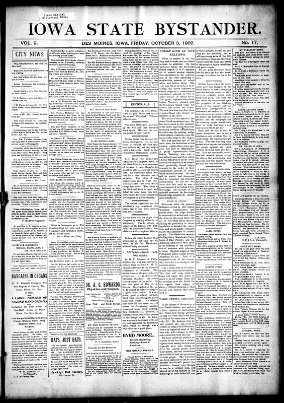 Contents include but are not limited to famous pianist Blind Boone to perform in Des Moines, Odd Fellows racism, Illinois Governor Yates vows to crush Ku-Klux with state military, community news (Marshalltown, Sioux City, etc.), Des Moines hospitals overwhelmed by alcoholics, Benjamin P. Birdsall accepts Republican congressional nomination, President Roosevelt summons mine operators and union to White House, novelist Émile Zola dies from accidental stove gas poisoning, and other topics.