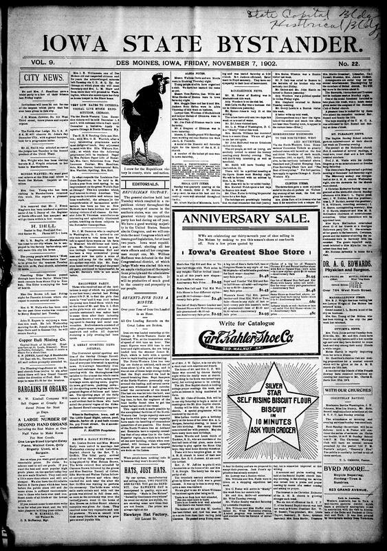 Contents include but are not limited to Republicans win big in midterm elections, iron ore loading record broken at North-Western Line dock, community news (Mt. Pleasant, Sioux City, etc.), great shoe sale advertisement, new law makes counties pay for inebriates, conspiracy conviction halted over "one-person conspiracy" legal question, Republicans win Iowa election, and other topics.