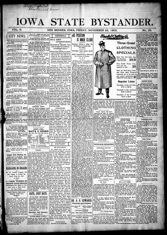 Contents include but are not limited to obituaries, lawyers challenge Virginia's constitution for disfranchising Black voters, President Roosevelt defends impartial appointment of Black men based on fitness, community news (Tuskegee, Newton, etc.), Runaway Des Moines streetcar crashes and injured 8 people, banker claims officials deliberately underreport train robbery losses, water company lays new main, company president arrested for embezzlement during business failure, and other topics.
