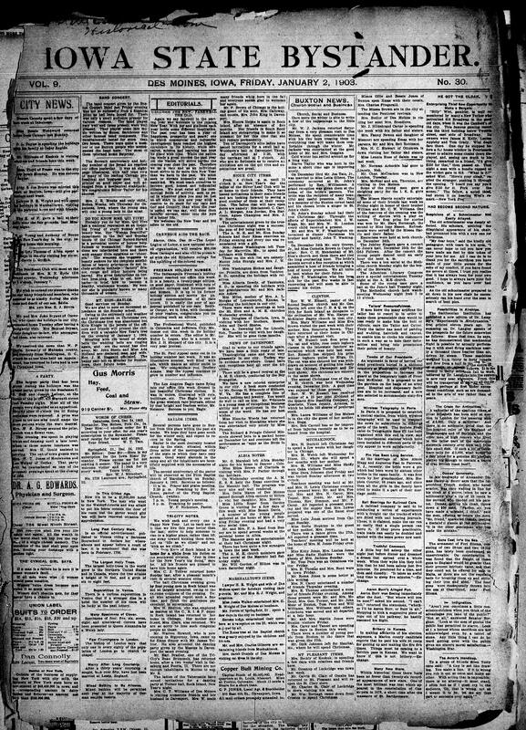 Contents include but are not limited to editorial New Year's message urges continued progress and racial uplift, community news (Marshalltown, Buxton, etc.), cold snap causes coal shortage, smallpox outbreak reported in two unvaccinated Davenport families, Rock Island freight train collides with Wabash freight train, Ottumwa woman dies in agony after her clothes catch fire, and other topics.