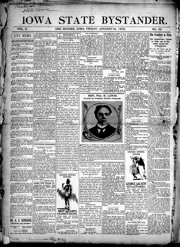 Contents include but are not limited to Chicago Record-Herald praised for its non-partisan and independent journalism, President Roosevelt praised for Dr. Crum's appointment, William H. Lewis honored by Roosevelt, community news (Clinton, Albia, etc.), wealthy farmer robbed, Iowa state report shows a steady increase of inebriates in asylums, South Carolina's Lt. Gov. Tillman supposedly shoots newspaper editor Gonzalez, and other topics.
