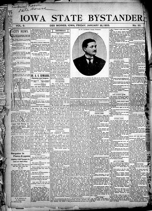 Contents include but are not limited to editorial condemnation of Tillman for shooting of editor Gonzalez, story of a Black man’s success, community news (Fort Madison, Knoxville, etc.), former U.S. Marshal suspected of robbery flees to Mexico, man acquitted of murder receives ten years for perjury, German warships bombard Venezuelan fort, Senate committee amends Philippine tariff bill, and other topics.