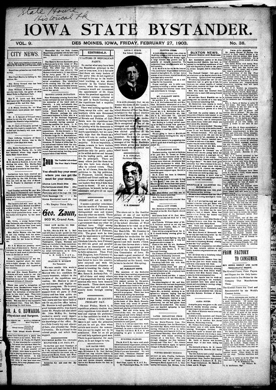 Contents include but are not limited to Republicans oppose President Roosevelt’s appointment of William Crum, editorial notes February is the birth month of many influential Americans (Washington, Lincoln, Douglass), community news (Sioux City, Albia, etc.), Iowa leading the U.S. in total livestock wealth, American farmers find great success in Canada, Des Moines officials enforce fire escape law on hotels, and other topics.