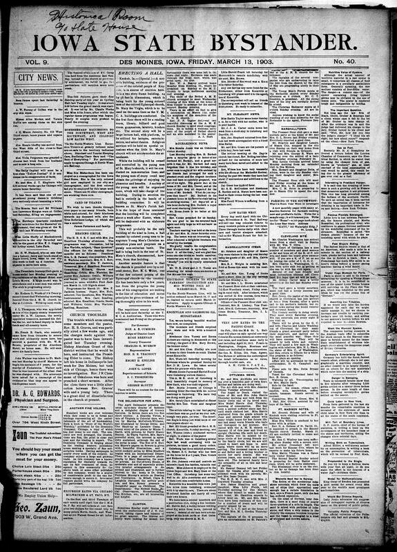 Contents include but are not limited to community news (Marshalltown, Galesburg, etc.), April Delineator periodical, non-sectarian community hall to be erected, insurance companies challenge Blanchard anti-compact law, Des Moines and Southern railroad seeks construction bids, Bankers' association offers reward for bank robber convictions, Ex-Deputy Marshal Richards claims innocence, and other topics.