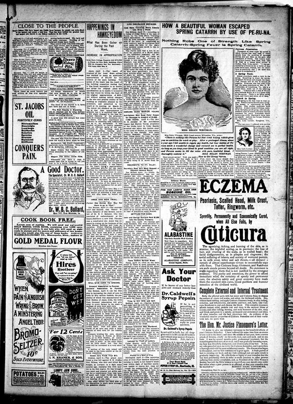 Contents include but are not limited to U.S. Minister to Liberia recalled after trouble, William Crum sworn in, community news (Muchakinock, Galesburg, etc.), new insurance enterprise, New York Central announces multiple fast trains to Chicago, woman praises Western Canada, writer writes about their opinions regarding race equality, and other topics.