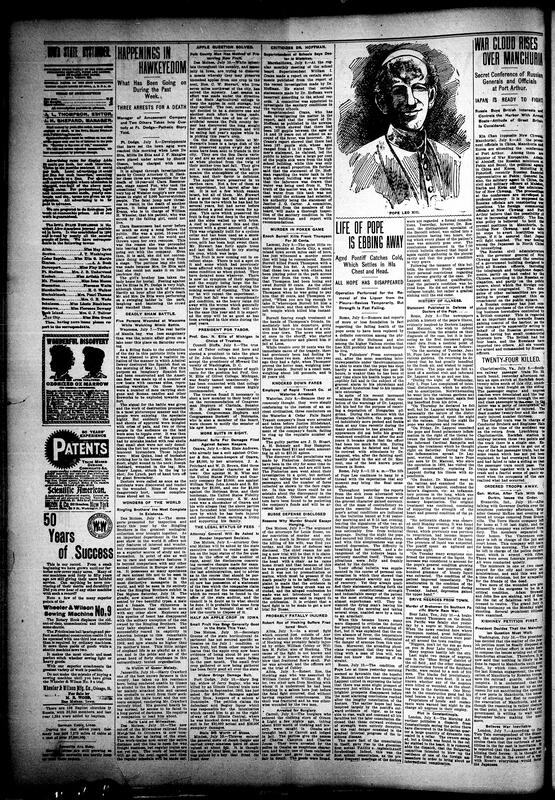 Contents include but are not limited to three people charged with manslaughter, mock battle using real ammunition leaves many injured, Polk County man finds a way to preserve raw apples, Tabor College elects George N. Ellis as a president, three conductors arrested for embezzlement, Pope Leo XIII health condition worsening, Russian officials hold “secret” conferences in preparation for expansion, train crash kills 24, and other topics.