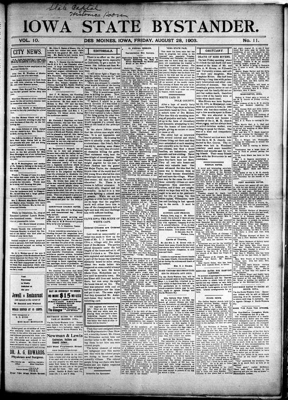 Contents include but are not limited to Jim Jeffries refuses to fight boxer Sam McVey due to racial concerns, Black families in Clive, Iowa, face racially motivated threats and dynamites (Polk County in similar conditions too), Iowa State Fair attendance down due to rain, obituaries, community news (Keokuk, Fort Madison, etc.), man arrested and almost lynched for physical abuse of his family, President Roosevelt orders a squadron to be sent to Beirut after an American diplomat is assassinated, and other topics.