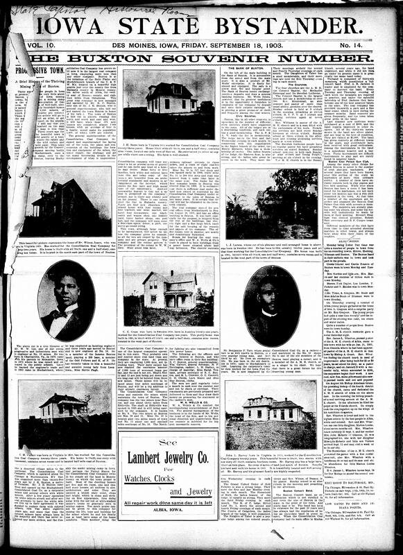 Contents include but are not limited to large front-page focus on the history of Buxton with various building pictures and notable figures in the community, Iowa State University experiments to find winter wheat varieties, insurance merger proceeds after injunction suit is dismissed, new Des Moines-Ames interurban line planned, formaldehyde in milk linked to 40% of infant deaths, and other topics.