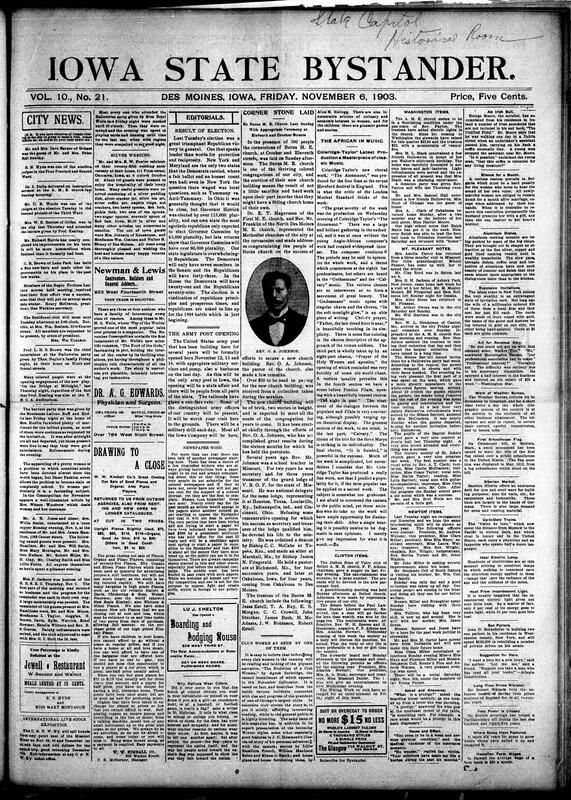 Contents include but are not limited to Republican achieve triumphant victory in recent elections, United States army post to open in Iowa, African music “The Atonement” praised as a masterpiece, community news (Newton, Clinton, etc.), Governor Cummins' plurality in Iowa election approaching 80k, Democrats in legislature, vote pluralities in other states, isthmus of Panama claims independence, and other topics.