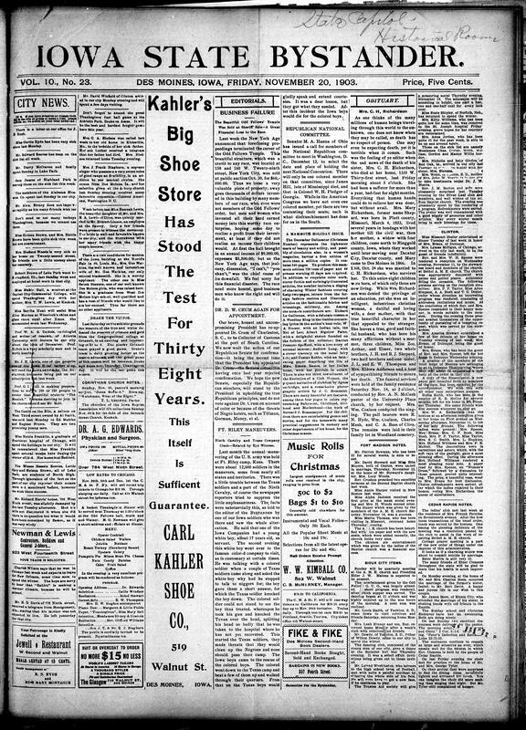 Contents include but are not limited to large shoe store advertisement, New York Odd Fellows' Temple sold due to financial issues, Ninth Cavalry clashes with Texas soldiers at Ft. Riley, Republican National Committee to meet, obituaries, community news (Cedar Rapids, Sioux City, etc.), drunkard assaults Boone policeman with a cleaver, and other topics.