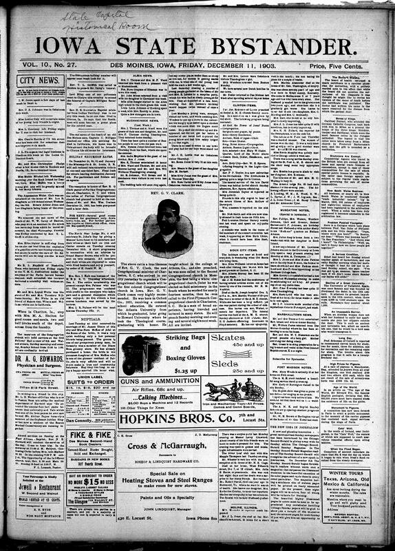 Contents include but are not limited to community news (Albia, Muchakinock, etc.), reverend to organize Iowa’s first Black Congregational Church, prominent Iowa banker commits suicide, Colfax mercantile firm files for bankruptcy after banker suicide, Iowa Cape Breton Coal & Iron company gains prominence, Iowa State Fair planned for 1904, big fire at Cedar Rapids, Switzerland tourism, Iowa House committee assignments, and other topics.