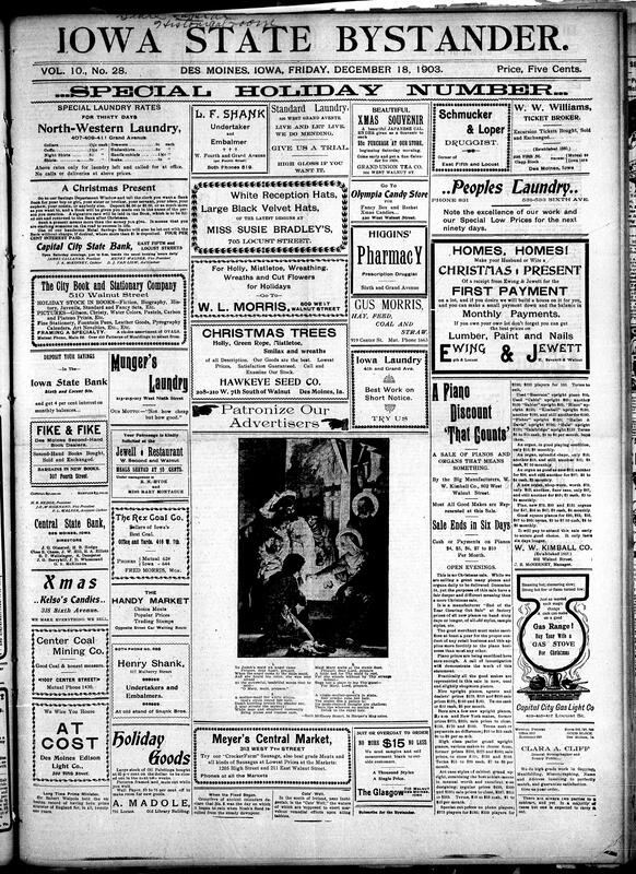 Contents include but are not limited to various front-page Christmas advertisements (coal, presents, pianos, etc.), Quincy bank robbers caught due to using rural telephones, State Board of Control suggests major Iowa penal law reforms, Iowa State College wins grand championships at Chicago show, mysterious death of woman leads to poison investigation, and other topics.