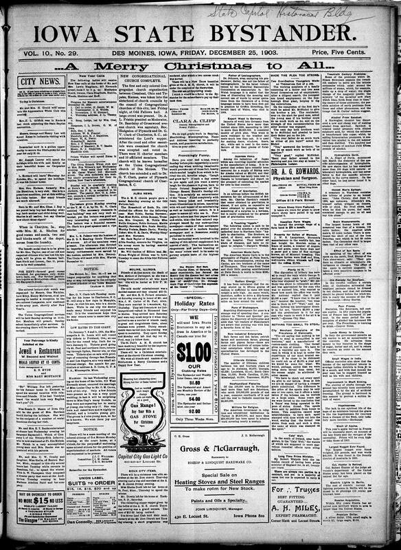 Contents include but are not limited to community news (Moline, Sioux City, etc.), new Black Congregational church established in Des Moines, new Rockefeller baby is world's wealthiest heiress, Japanese funeral rites and mourning customs detailed, scientific column details radium's velocity and dangerous power, Iowa reportedly continues to lead in agriculture, Cape Breton coal company, irrigation farming in Colorado yields enormous profits for farmers, and other topics.