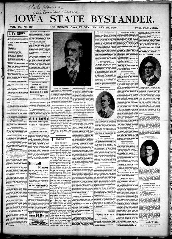 Contents include but are not limited to pictures and descriptions of political candidates, obituaries, community news (Sioux City, Muscatine, etc.), Chicago Record-Herald and The Delineator advertise themselves to women, Iowa Legislature convention, story of the oldest man in America, improved train car lighting makes lanterns obsolete, and other topics.