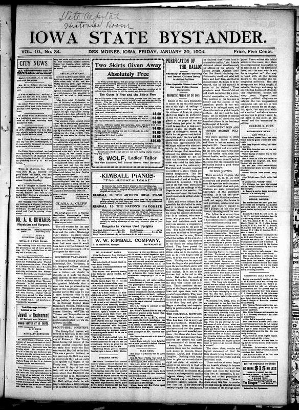 Contents include but are not limited to community news (Galesburg, Mt. Pleasant, etc.), toy mouse prank causes panic, discussion on Black suffrage, political responsibility, and message from Du Bois, story of calendar watches (luxury into a common good), man confesses to fraud in a suicide letter, massive fire destroys half of downtown Chariton, Iowa, poetic railroad ad, and other topics.