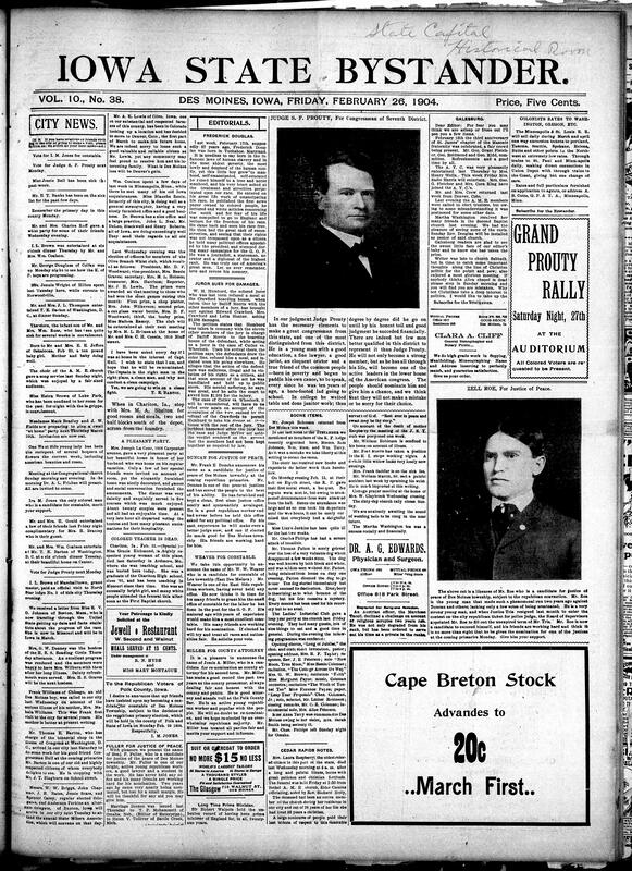 Contents include but are not limited to tribute to Frederick Douglass’s life and accomplishments, Black juror sues boarding house for racial discrimination, Bystander endorses Judge Prouty's congressional candidacy, community news (Cedar Rapids, Fort Madison, etc.), descriptions of political candidates in upcoming elections, United States Senate ratifies the Panama Canal treaty, and other topics.