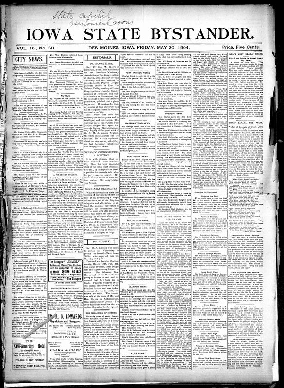 Contents include but are not limited to community news (Fort Madison, Burlington, etc.), obituaries, World's Fair features "Galveston Flood" and "Battle Abbey" exhibits, Temporary Chairman Irwin's address scores tariff revisionists, Japanese and Russians clash leading to heavy losses on both sides, Japanese navy suffers disaster with sinking of cruiser Yoshino and battleship Hatsuse, Michigan student seemingly dies from joy of mother's unexpected visit, and other topics.