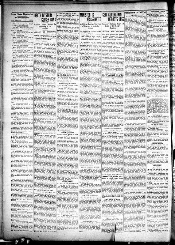 Contents include but are not limited to Knight of Pythias annual session, Colored Women's National Association holds convention in St. Louis, obituaries, community news (Marshalltown, Mt. Pleasant, etc.), Grinnell bank closes after cashier's mysterious drowning reveals shortage, Russian Minister von Plehve assassinated by bomb in St. Petersburg, Russians retreat after heavy losses in battle with Japanese, U.S. demands protection for ships carrying American cargo, and other topics.