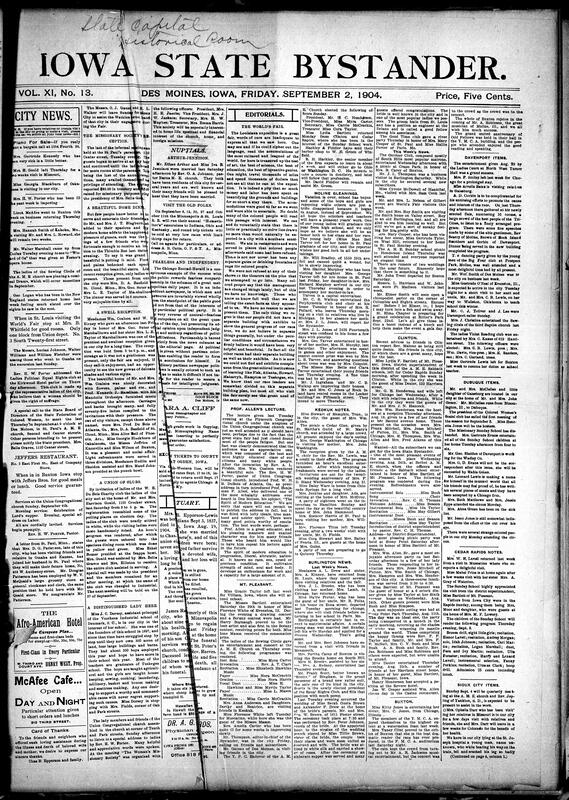 Contents include but are not limited to praise for Louisiana Purchase Exposition, B. F. Allen (of Lincoln Institute) delivers lecture on "Modern Education”, community news (Mt. Pleasant, Burlington, etc.), attempt to dynamite a joint in Sac County fails, Iowa Falls embezzler pleads guilty, man sues city after falling performer lands on him, St. Petersburg awaits news of decisive battle at Liaoyang, Liaoyang details, Japanese cross river miles above Liaoyang, and other topics.