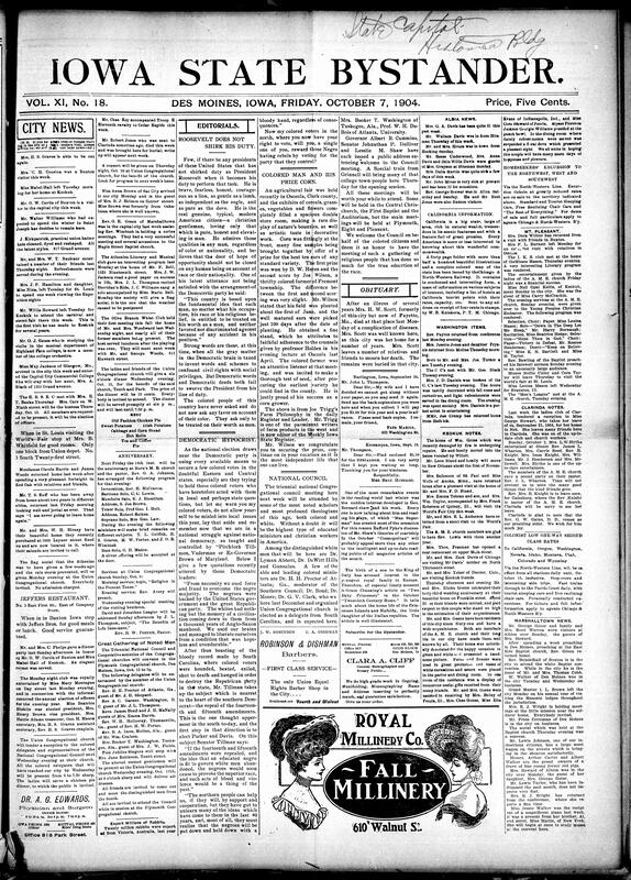 Contents include but are not limited to editorial praises Roosevelt's character and belief in equal opportunity, editorial warns Black voters of Democratic racism and hypocrisy, Black farmer wins second prize for corn at county fair, community news (Clarinda, Keokuk, etc.), 15 Clinton party guests critically ill due to food poisoning, injunctions in Omaha, new Polk County primary law voter registration changes delayed, Russo-Japanese war news, and other topics.
