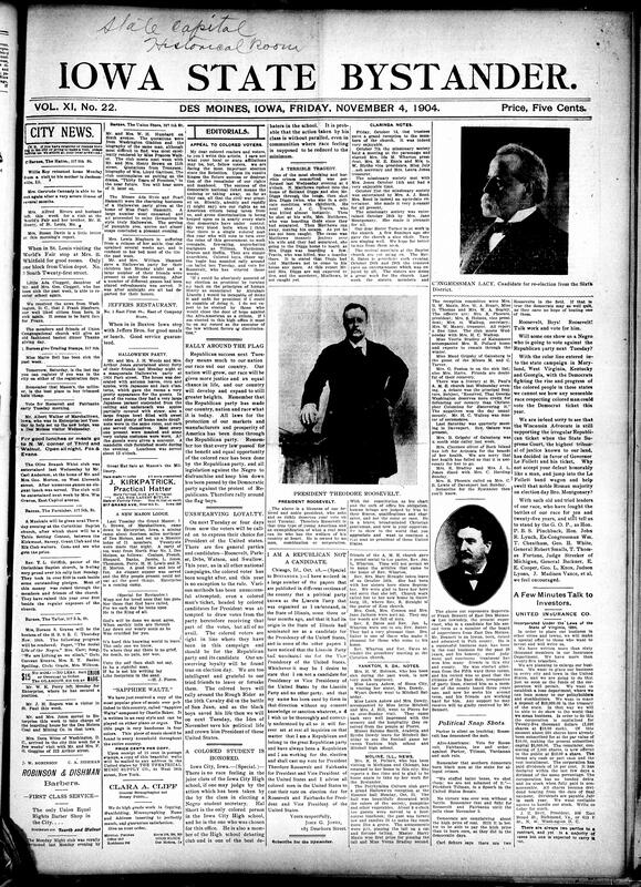 Contents include but are not limited to editorial urges Black voters to support Theodore Roosevelt in presidential elections, community news (Clarinda, Moline, etc.), jealous man shoots three people, John G. Jones denies Lincoln Party nomination and supports Roosevelt, coroner’s jury investigate incident of Russian warships kill English fishermen, robbers surrounded in Wyoming, plead for interurban railway right of way, and other topics.