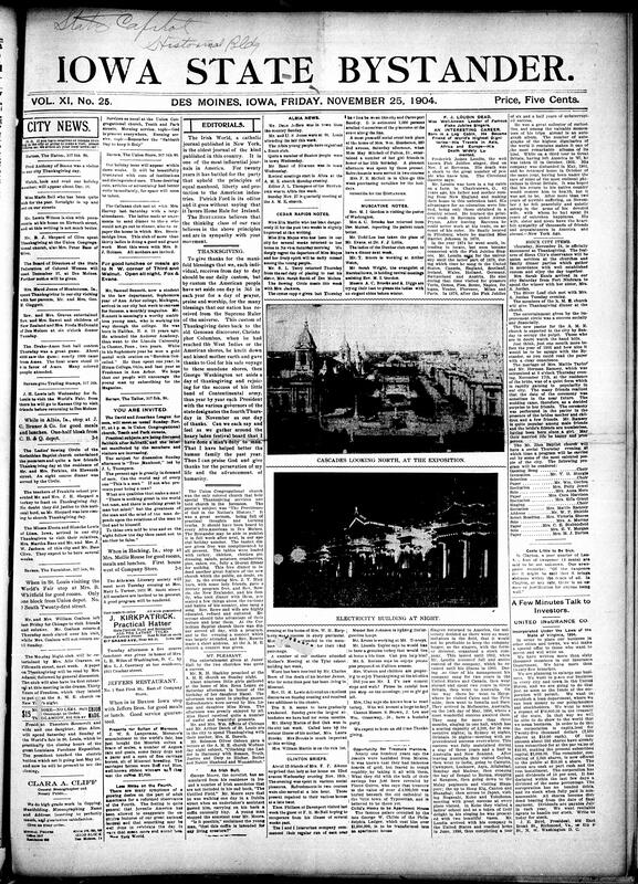 Contents include but are not limited to New York Irish newspaper supporting Republican principles, editorial reflects on the historical custom of American Thanksgiving, Union Congregational holds Thanksgiving service, community news (Cedar Rapids, Sioux City, etc.), 2 pictures (electricity building at night, cascades looking north), Governor Cummins advocates for cause of Iowa Veterans, race war threatened after Black miner shoots a White miner, Japanese repulsed with heavy losses in fresh Port Arthur attack, and other topics.