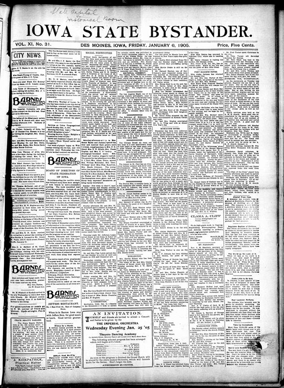 Contents include but are not limited to news about various social festivities, community news (Muscatine, Fort Madison, etc.), bloodhounds track murderer who killed aged recluse, artist suggests moving Iowa's World's Fair statue, Russians surrender Port Arthur to Japanese after desperate siege, Russian soldier casualties, official text outlines Port Arthur's surrender conditions, famed orchestra leader Theodore Thomas dies of pneumonia, and other topics.