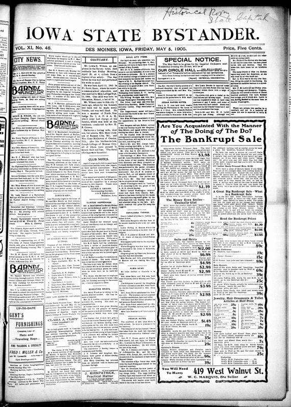 Contents include but are not limited to obituaries, community news (Clinton, Muscatine, etc.), large front-page sale advertisement, cyclone in Sibley, Iowa, badly injures a boy, new uniforms to given to National Guard in Des Moines, sentence given to Cedar Rapids kidnapper, former railroad commissioner denies fraudulent banking claims, “political boss” Tom Dennison trial on May 23rd, shots fired at several hundred laborers by Czar troops in Warsaw, British steamer spots second Russian fleet near Singapore, and other topics.