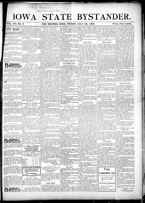 Contents include but are not limited to Iowa State Fair, Knight of Pythias annual session, National Baptist Convention, community news (Fort Madison, Cedar Rapids, etc.), U.S. gunboat Bennington boiler explosion kills many sailors, Swedish cabinet dissolved, German Emperor urges Russian Czar to secure peace, Senator Mitchell sentenced to six months for corruption, Secretary Taft and party receive demonstrative welcome in Japan, and other topics.