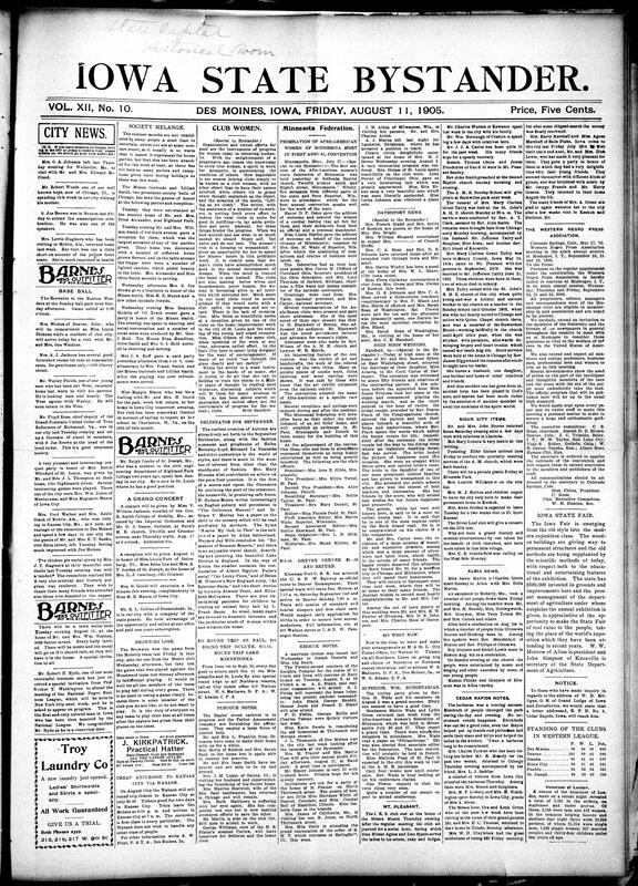 Contents include but are not limited to women's clubs urged to unite for progress and humanity, community news (Dubuque, Keokuk, etc.), Minnesota Afro-American women hold first annual state federation, Iowa State Fair, couple held responsible for the murder of their neighbor, Inter-Urban threatens to abandon Perry line over right-of-way issues, President Roosevelt greets Russian and Japanese peace envoys at Oyster Bay, first Russia-Japan peace session settles procedural matters only, and other topics.