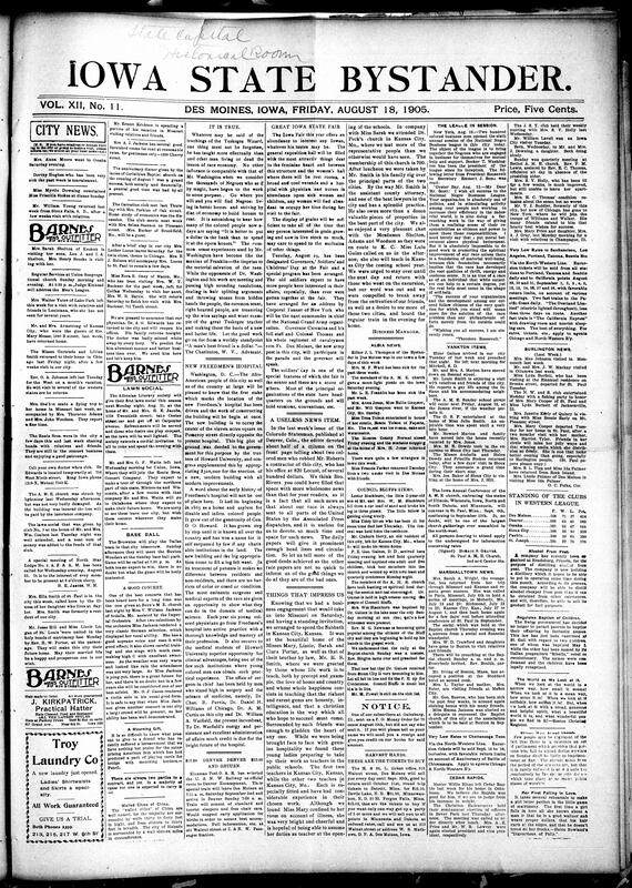 Contents include but are not limited to Bystander message that Booker T. Washington's teachings inspire race economy and material salvation, new Freedmen's Hospital construction begins in Washington, D.C., Iowa State Fair exhibitions and special events, Black newspaper criticized for publishing negative news about the race, community news (Yankton, Burlington, etc.), President Roosevelt praises National Negro Business League's sixth annual session, professor predicts record 400 million bushel Iowa corn crop, and other topics.