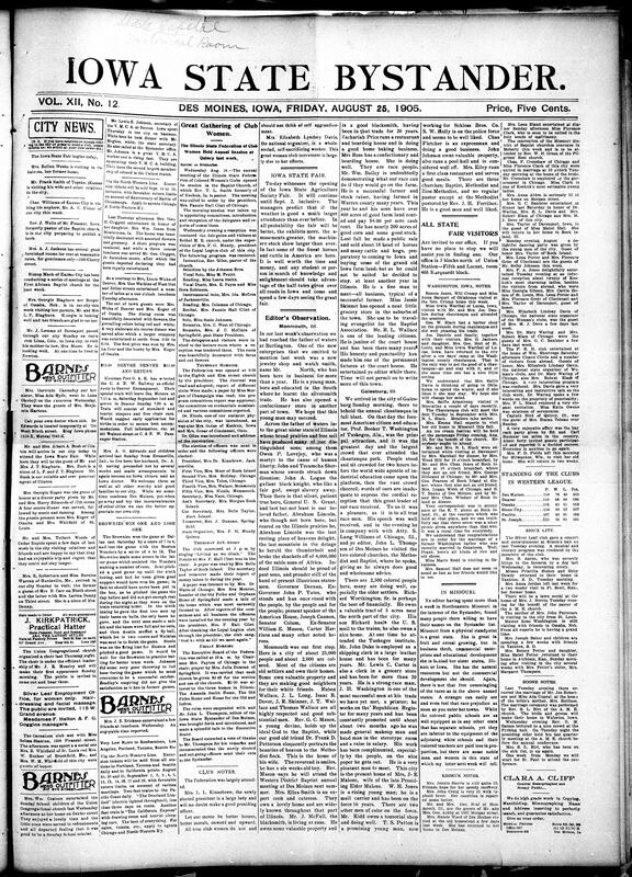 Contents include but are not limited to Illinois club women hold annual meeting and elect new officer, Iowa State Fair opens with predicted record attendance, news editors’ observations, community news (Missouri, Boone, etc.), two sisters drown after boat overturns in storm, European capital finances new St. Joseph to Des Moines railroad, Czar grants Russia a consultative national representative assembly, and other topics.