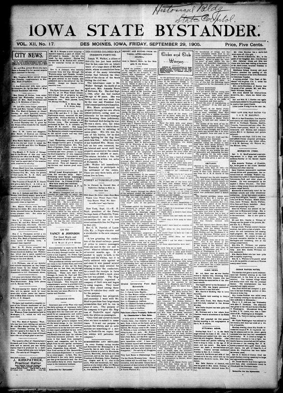 Contents include but are not limited to Black man inherits large fortune, Afro-American Council protest lynching’s and “Jim Crow” laws, Iowa Women’s Clubs, community news (Albia, Ottumwa, etc.), detective shoots a boy and is charged with murder, accidental stove explosion burns 5 children to death, state farms will compete in next State Fair, Moroccan affair involving France and Germany settled, Japan and Great Britain form an alliance, and other topics.