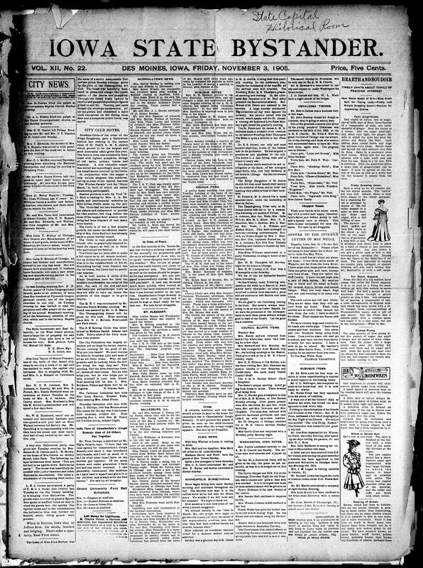 Contents include but are not limited to community news (Marshalltown, Keokuk, etc.), Cummins opposes state martial law, body found near corn field, eight dead in Rock Island train wreck, second attempt to poison the two children of Jonathan Foulk, Dubuque mayor is reportedly indicted, bloodshed continues in Russian cities due to strikes and rioting, Russian populace divided into two hostile camps, and other topics.