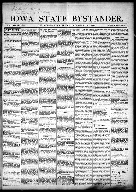 Contents include but are not limited to descriptions of how various Des Moines churches celebrated Christmas, marriages, community news (Iowa City, Clarinda, etc.), obituaries, mothers urged to ensure that school environments are healthy, judge to rule on contested Des Moines brewery petition, anti-saloon forces win census fight threatening Atlantic saloons, Moscow fighting intensifies with revolutionists forming three armies, Moscow police chief assassinated at home by revolutionaries, more Russian revolution news, Chinese boycott of American goods worsens, and other topics.