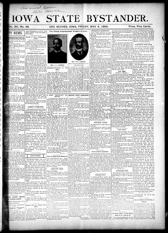 Contents include but are not limited to local social news (illnesses, visits, weddings, funerals), church events and programs (St. Paul A.M.E., Union Congregational, Corinthian Baptist), women’s clubs and auxiliaries (Helping Hand Club, Art Clubs), political endorsements and civic activities (Republican primaries, community leadership), cultural programs (lectures, concerts, literary meetings), tributes and obituaries (Mrs. Mary E. Lewis, Mr. J. L. Thompson), fraternal gatherings (Masons, Knights of Pythias), regional updates from Des Moines, Albia, Buxton, Colfax, and Iowa City, and other topics.