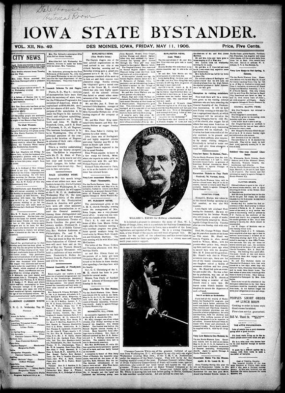 Contents include but are not limited to local social news (visits, illnesses, weddings, funerals), church services and programs (St. Paul A.M.E., Corinthian Baptist, Union Congregational), women’s clubs and auxiliaries (Helping Hand Society, Sewing Circles), fraternal events and announcements (Masons, Knights of Pythias), political endorsements and commentary (state and county-level Republican candidates), cultural programs (musical recitals, literary readings), tributes and obituaries (Mrs. Emma Johnson, Mr. W.H. Young), regional updates from Des Moines, Buxton, Albia, Colfax, and Iowa City, and other topics.