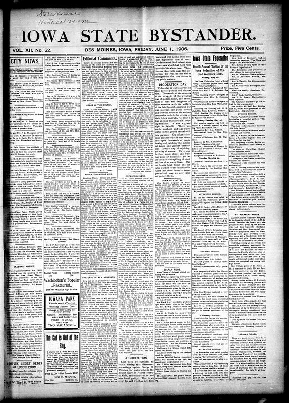 Contents include but are not limited to local social news (illnesses, visits, graduations, weddings, funerals), church services and anniversary programs (St. Paul A.M.E., Corinthian Baptist, Union Congregational), women’s clubs and societies (Helping Hand Society, Carnation Club), fraternal gatherings and conventions (Odd Fellows, Masons, Daughters of Tabernacle), cultural and educational events (lectures, literary programs, music recitals), tributes and obituaries (Mrs. Emma Johnson, Mr. Charles Williams), regional updates from Des Moines, Albia, Buxton, Cedar Rapids, Iowa City, and Colfax, and other topics.